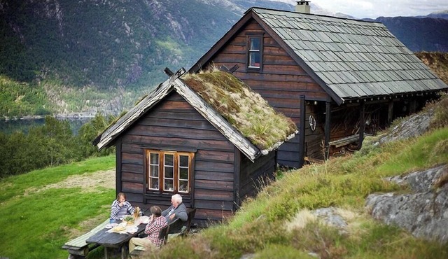 Unique cabin between fjord, waterfall and mountain